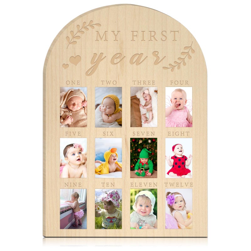 hongpar My First Year Photo Display Wood Board Baby's First Year Photo Frame Milestone Board 12 Months Baby Picture Frame 1st Birthday Nursery Decorations for Boy Girl Baby Keepsake Gift for Mom (2" x 3" photos - Wallet Size) - Image 1